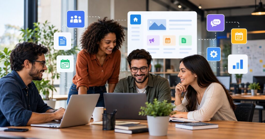 Equipe de uma pequena empresa utilizando tecnologia para organizar processos internos e melhorar a comunicação.